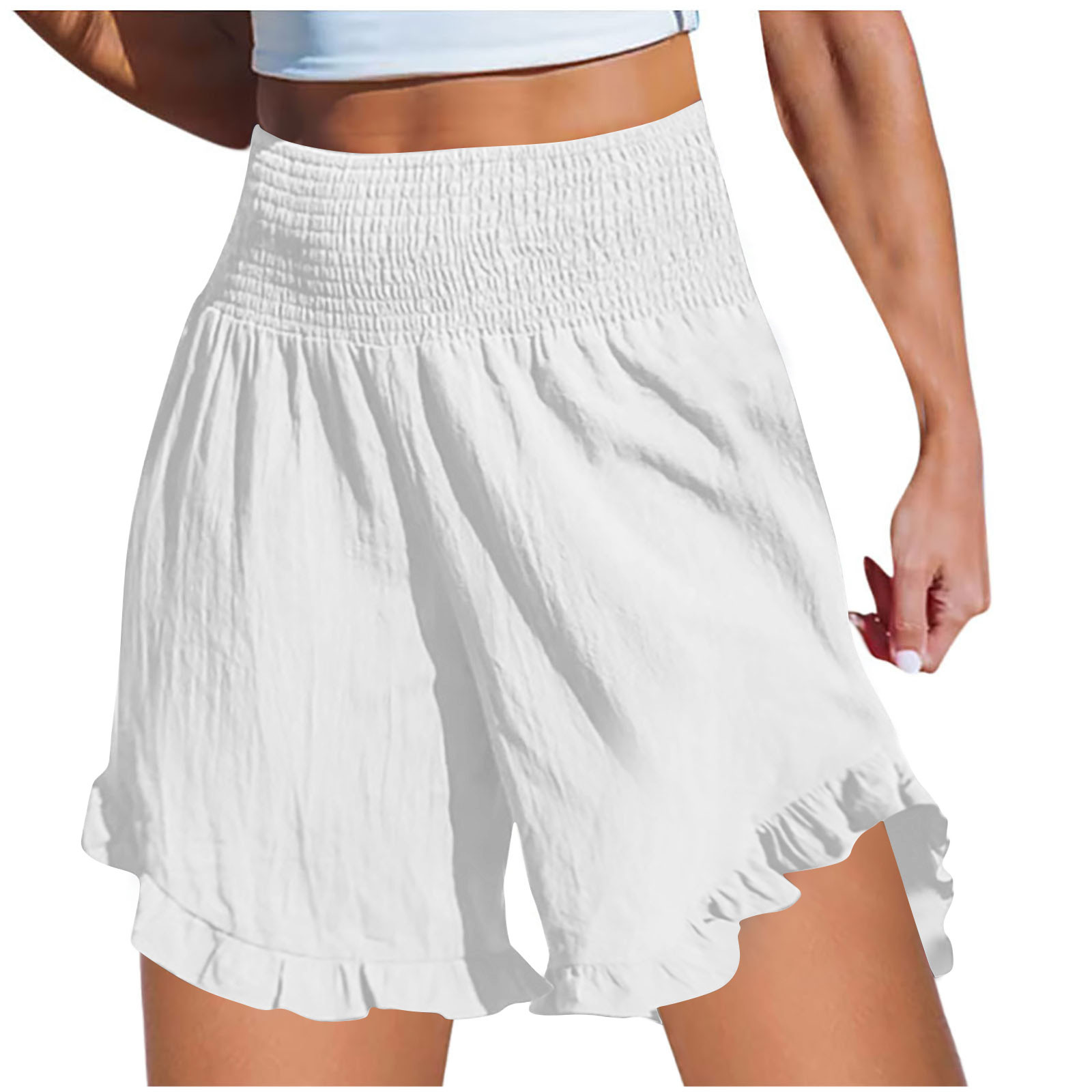 cfhntfmh Casual Shorts for Women Flowy Ruffled Hem Shorts High Waist Smocked Summer Lounge Short Beach Pants